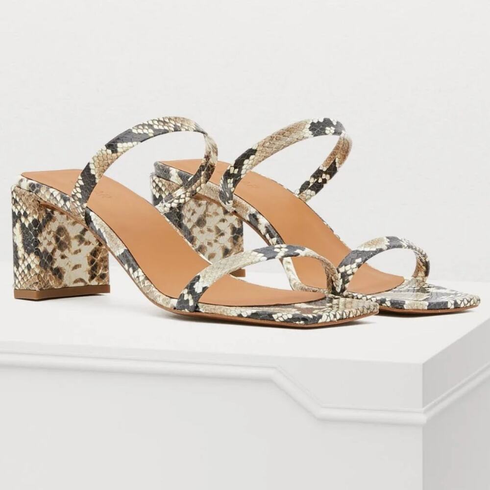 By Far Tanya Snake Print Block Heel Leather Two Strap Sandal 40 10